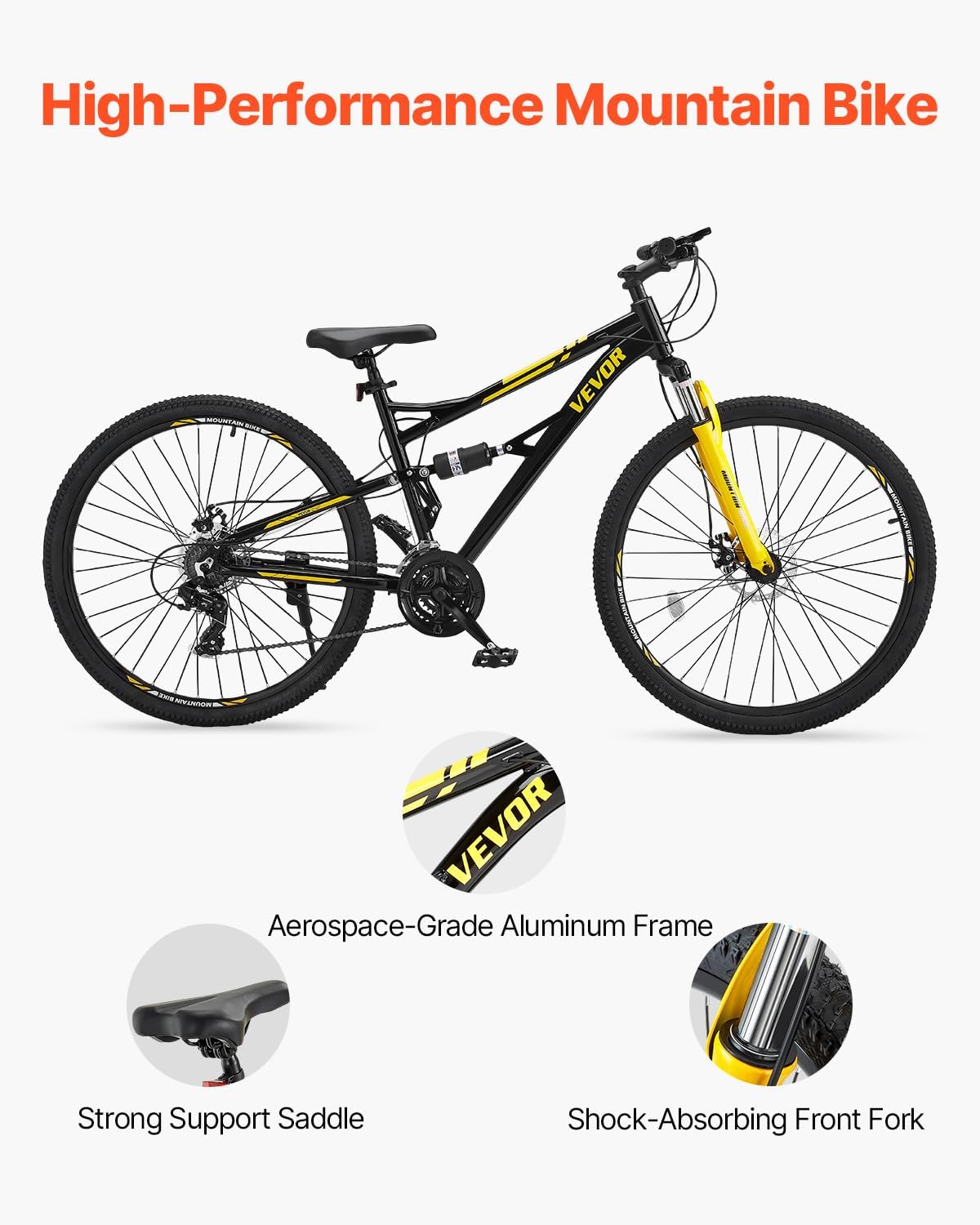 VEVOR Mountain Bike for Men/Women, 20'/26'/29' Sizes, 7/21/24 Speed Twist Shifting, Front or Dual Suspension, Dual Disc Brakes, Comfort Saddle, Sleek Colors