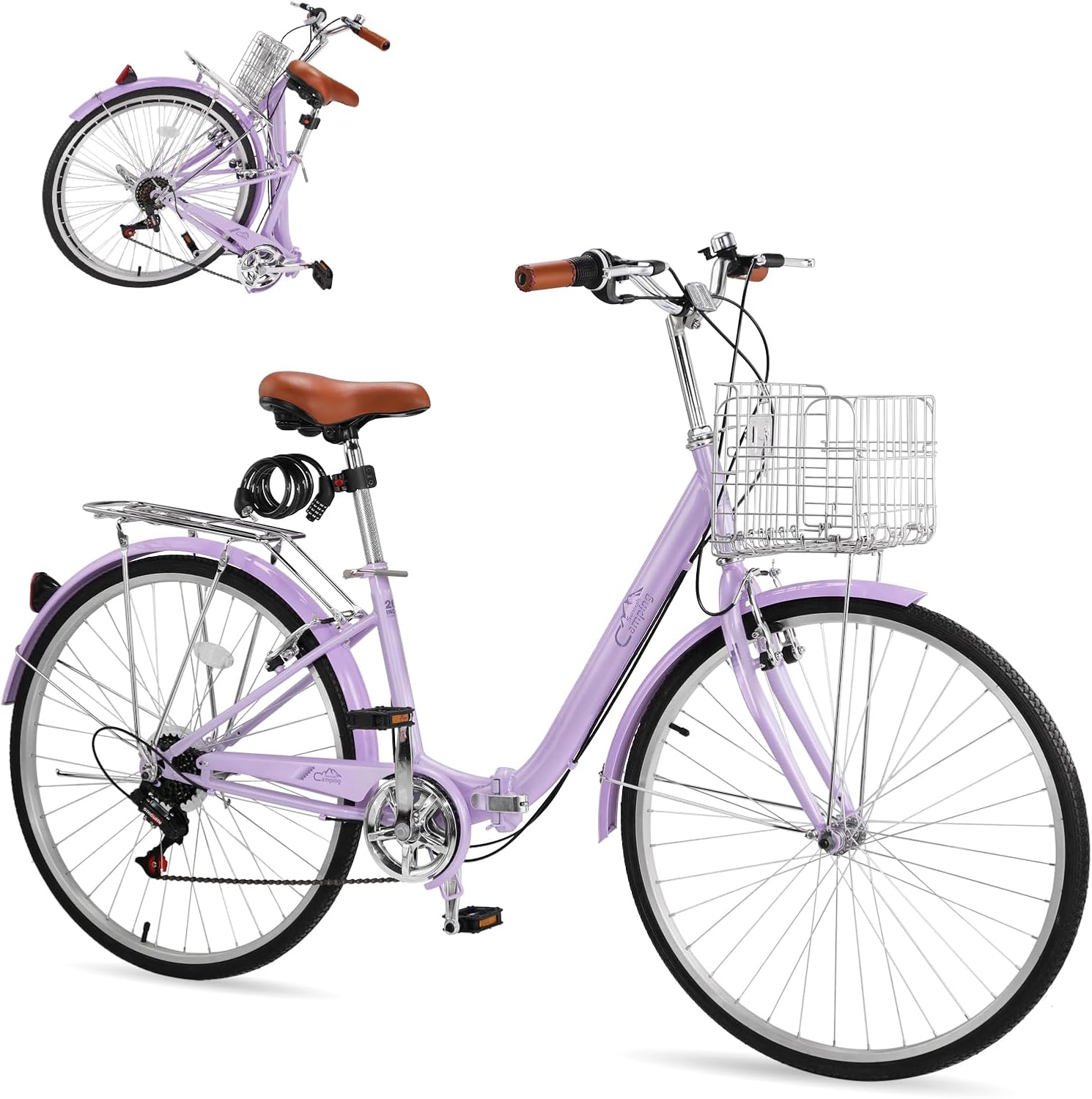 CamPingSurvivals Foldable Cruiser Bike 7-Speed Cruiser Bike 26Inch Women Bicycle with Ergonomic Upright Frame, Effortless 7-Speed Shifting and Lightweight Design for Adult Men and Women