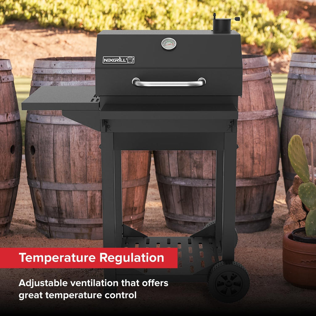 Nexgrill 22' Barrel Charcoal Grill with Side Shelf, 550 SQ In Cooking Space, Adjustable Chimney, Air Dampers, Temperature Gauge, Warming Rack, Smoker Grill for Camping, Picnics, and More - 810-0025
