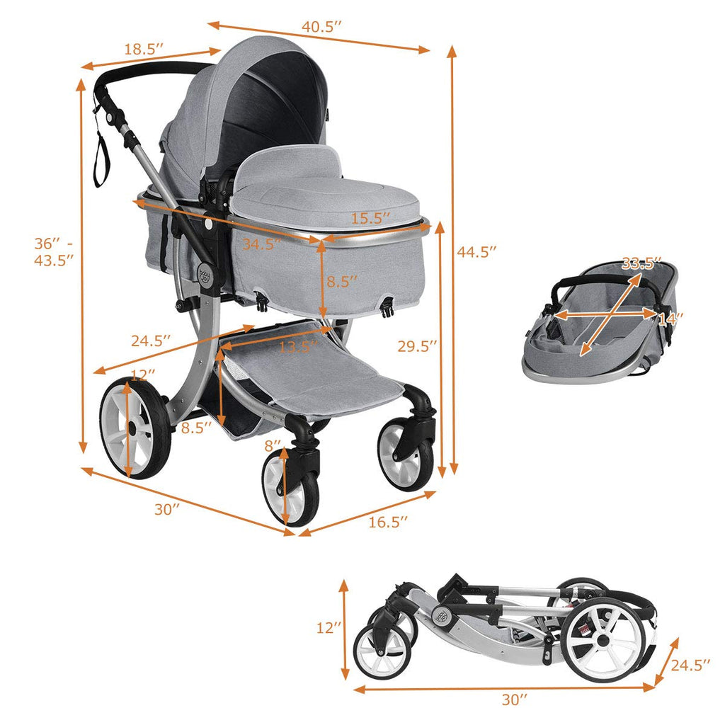 Honey Joy Baby Stroller, High Landscape Convertible Infant Bassinet Stroller, Adjustable Canopy & Backrest, Storage Basket, Foot Cover, Foldable Newborn Carriage Pram Stroller (Gray)