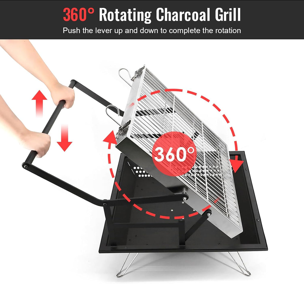 360° Rotating Charcoal Grills,Stainless Steel Flipping Barbecue Grill for Camping BBQ Picnics Beach Party Cooking Outdoor Garden Yard
