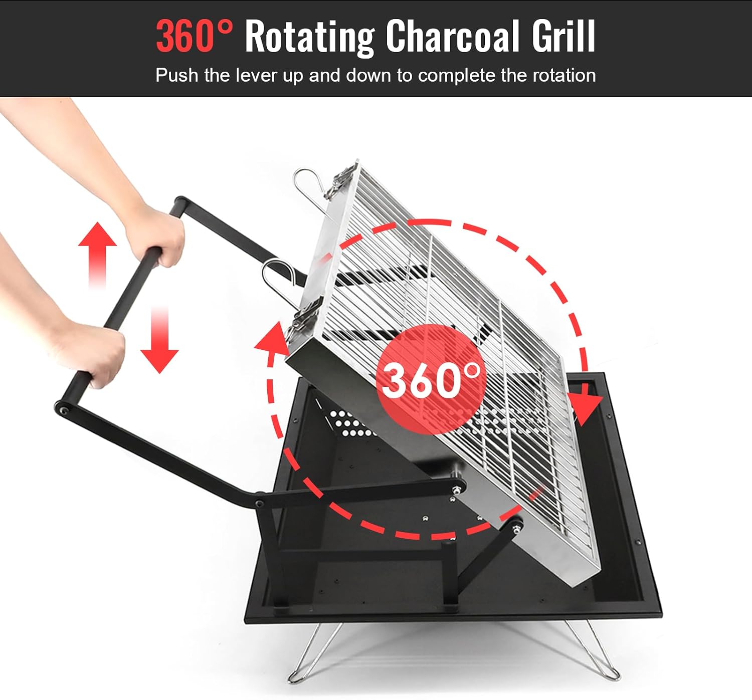 360° Rotating Charcoal Grills,Stainless Steel Flipping Barbecue Grill for Camping BBQ Picnics Beach Party Cooking Outdoor Garden Yard