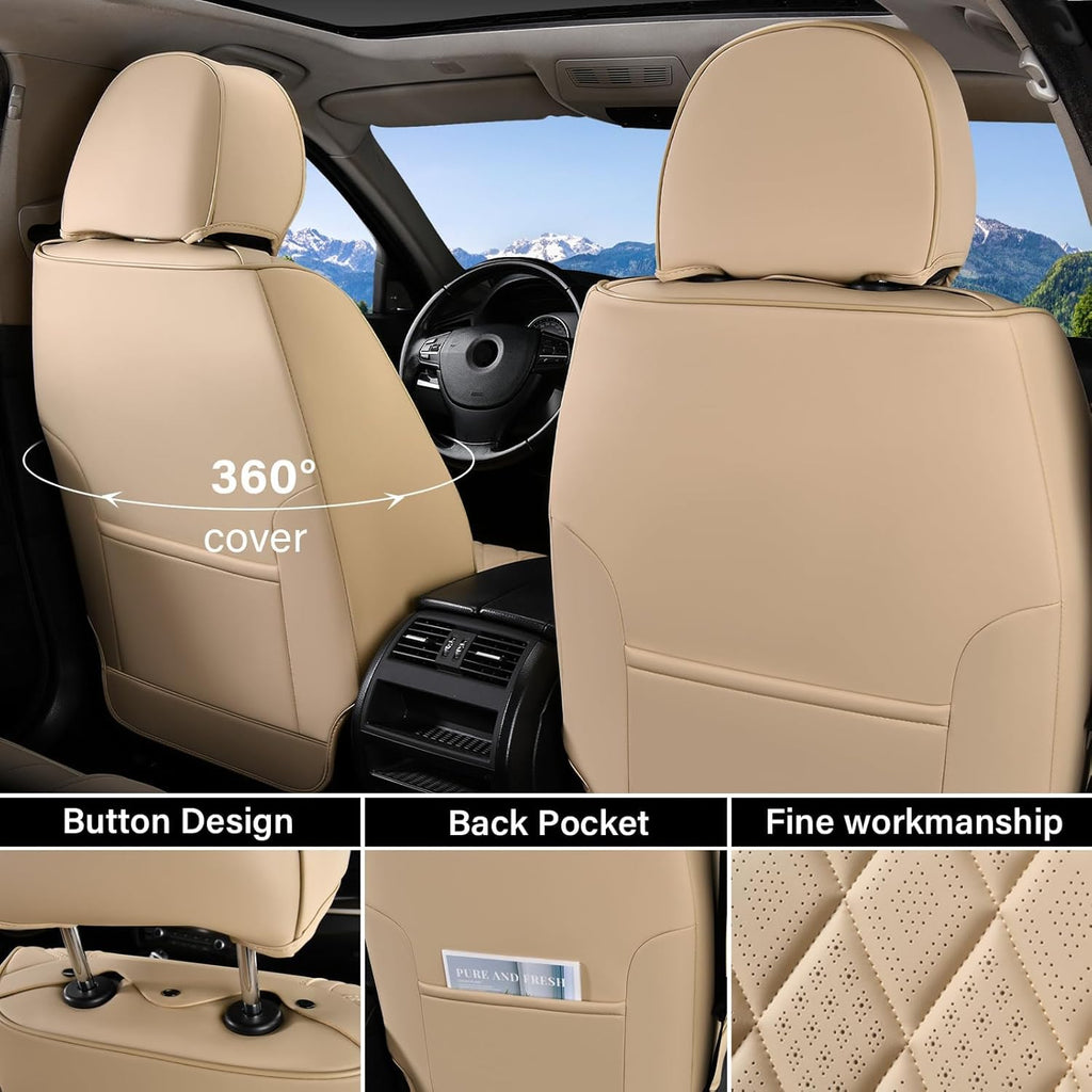 Coverado Car Seat Covers Full Set, Luxury Faux Leather Waterproof Seat Cover, 5 Seat Universal Seat Covers for Cars, Front and Back Car Seat Protector, Beige Leather Seat Cover Fit for Most Cars