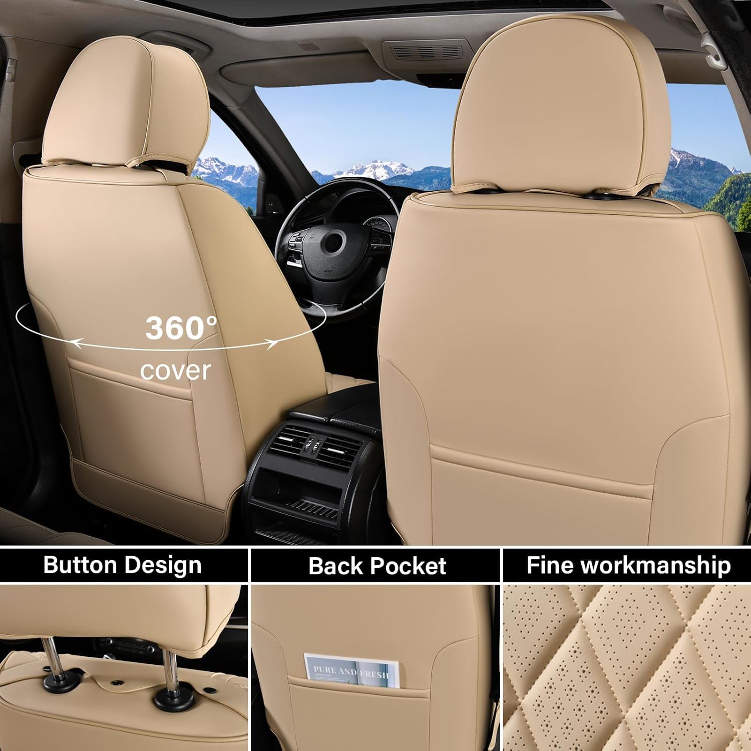 Coverado Car Seat Covers Full Set, Luxury Faux Leather Waterproof Seat Cover, 5 Seat Universal Seat Covers for Cars, Front and Back Car Seat Protector, Beige Leather Seat Cover Fit for Most Cars