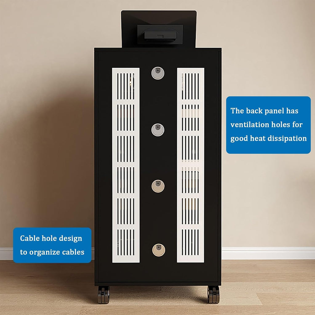 Modern Black Media Storage Cabinet with Glass Door and Cable Holes Adjustable Shelves Movable Stereo Stand for Tv and Audio Equipment 55X45X100Cm 4 Tier,Black3 Tier 55X45X80Cm