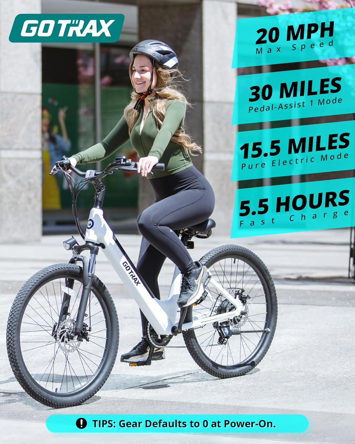Gotrax Dolphin 26' Electric Bike, Max Range 30Miles(Pedal-assist1) & 20Mph Power by Peak 500W, 5 Pedal-Assist Levels & Front Suspension, 7-Speed&Boost Mode, City E-Bike for Adult, Step-Thru Bicycle