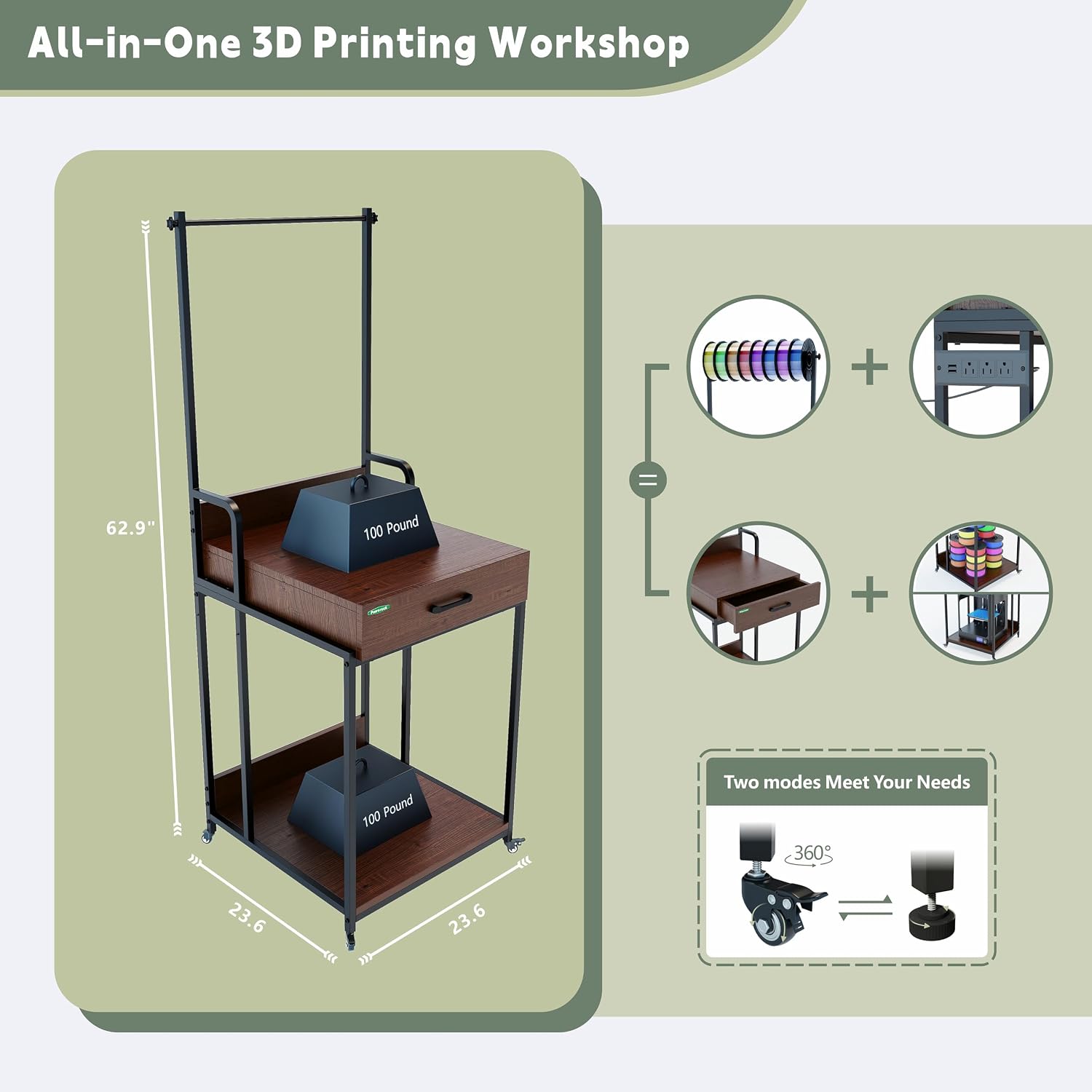 PT2GO Heavy Duty 3D Printer Table Stand with Wooden Drawer, Dual Desk 3D Printer Table, Rolling Filament Spool Holder with Power Hub for Garage Office Workshop