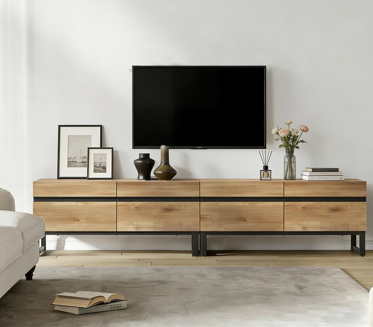 WAMPAT Modern TV Stand for 50-75 Inch TVs, Wood Entertainment Center with Metal Base Storage Cabinets, Media TV Console for Living Room, Oak, 2Pcs