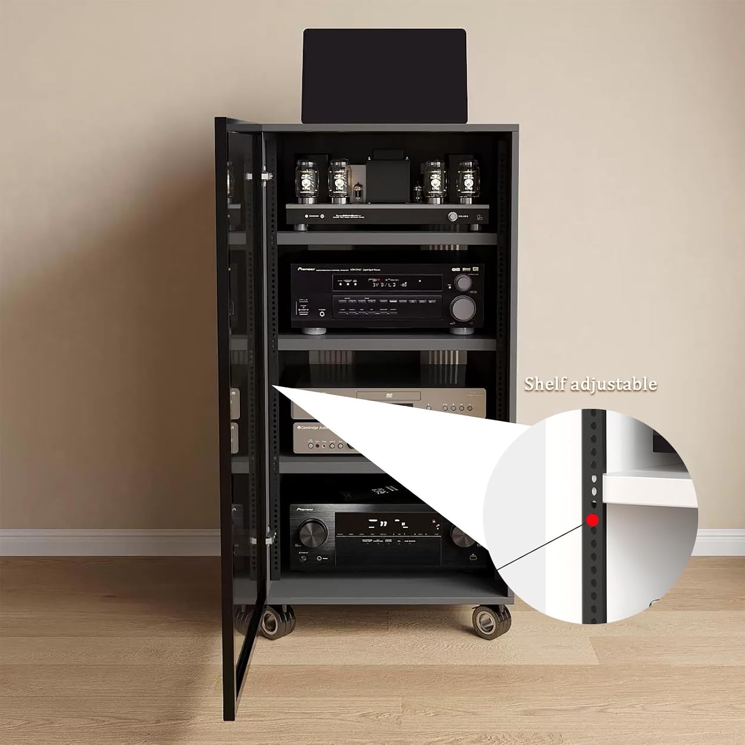 Modern Black Media Storage Cabinet with Glass Door and Cable Holes Adjustable Shelves Movable Stereo Stand for Tv and Audio Equipment 55X45X100Cm 4 Tier,Black3 Tier 55X45X80Cm