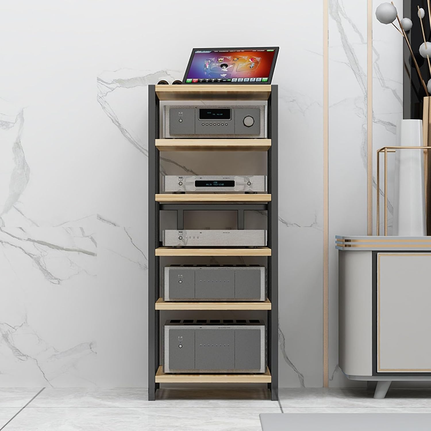 3/4/5/6 Tier Furniture Media Stand Audio Rack DVD CD Player Stand Power Amplifier Equipment Cabinet with Height Adjustable Wooden Shelf, Floorstanding Storage Shelves, 4 Colors
