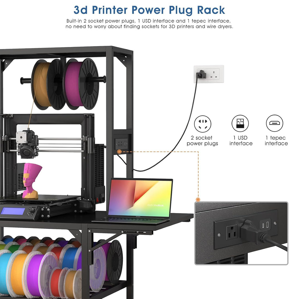 3D Printer Table Stand - 3D Printer Workbench with Filament Storage Rack, T-Shaped Spools Holder Rack and Wheels, for 3D Printing Studio, Home Office Workshop