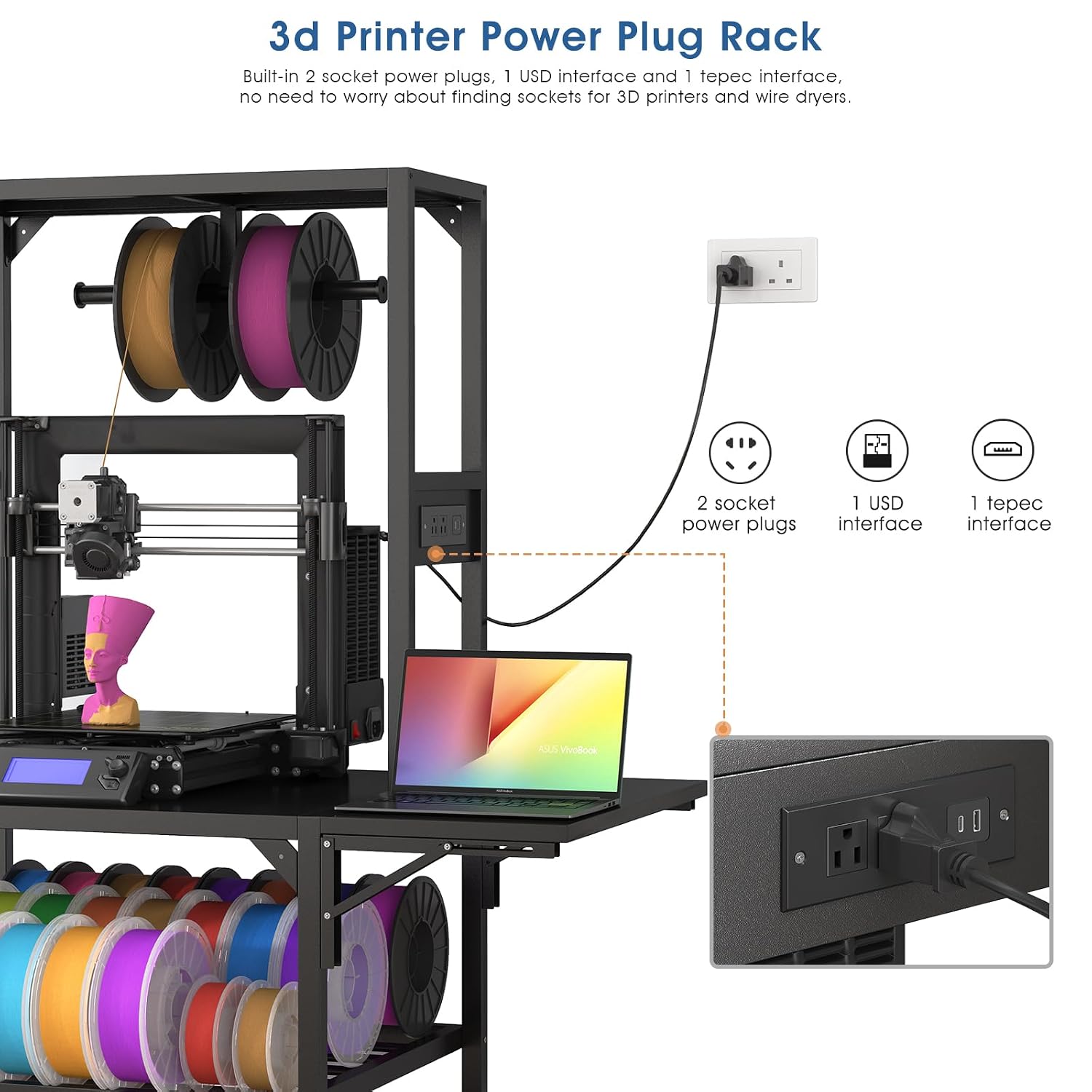 3D Printer Table Stand - 3D Printer Workbench with Filament Storage Rack, T-Shaped Spools Holder Rack and Wheels, for 3D Printing Studio, Home Office Workshop