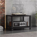 Black 2-Tier Wooden & Metal Stereo Stand for Small Spaces, Living Room, Bedroom - Heavy Duty AV Media Rack, Audio Equipment Cabinet, Compact Entertainment Furniture