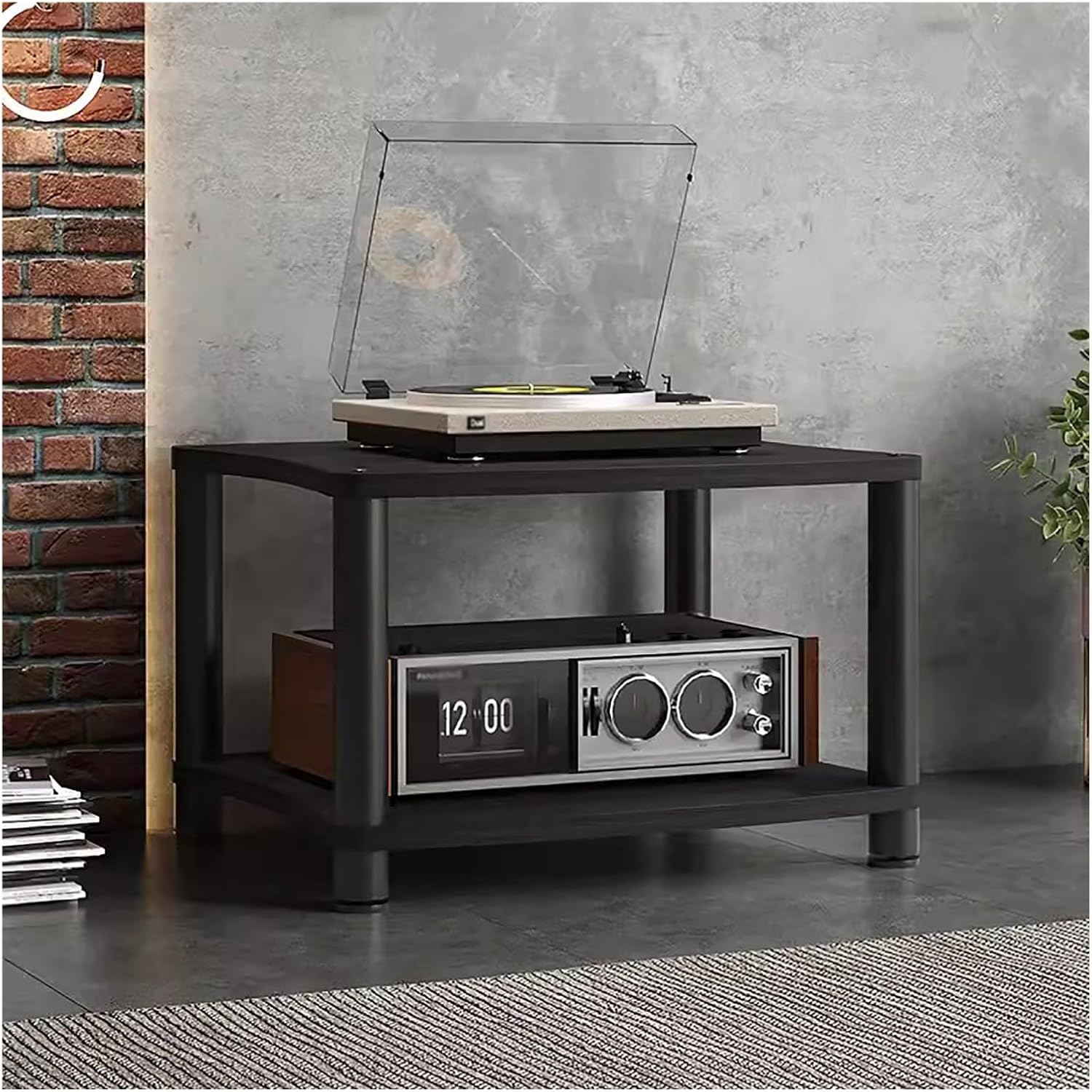 Black 2-Tier Wooden & Metal Stereo Stand for Small Spaces, Living Room, Bedroom - Heavy Duty AV Media Rack, Audio Equipment Cabinet, Compact Entertainment Furniture
