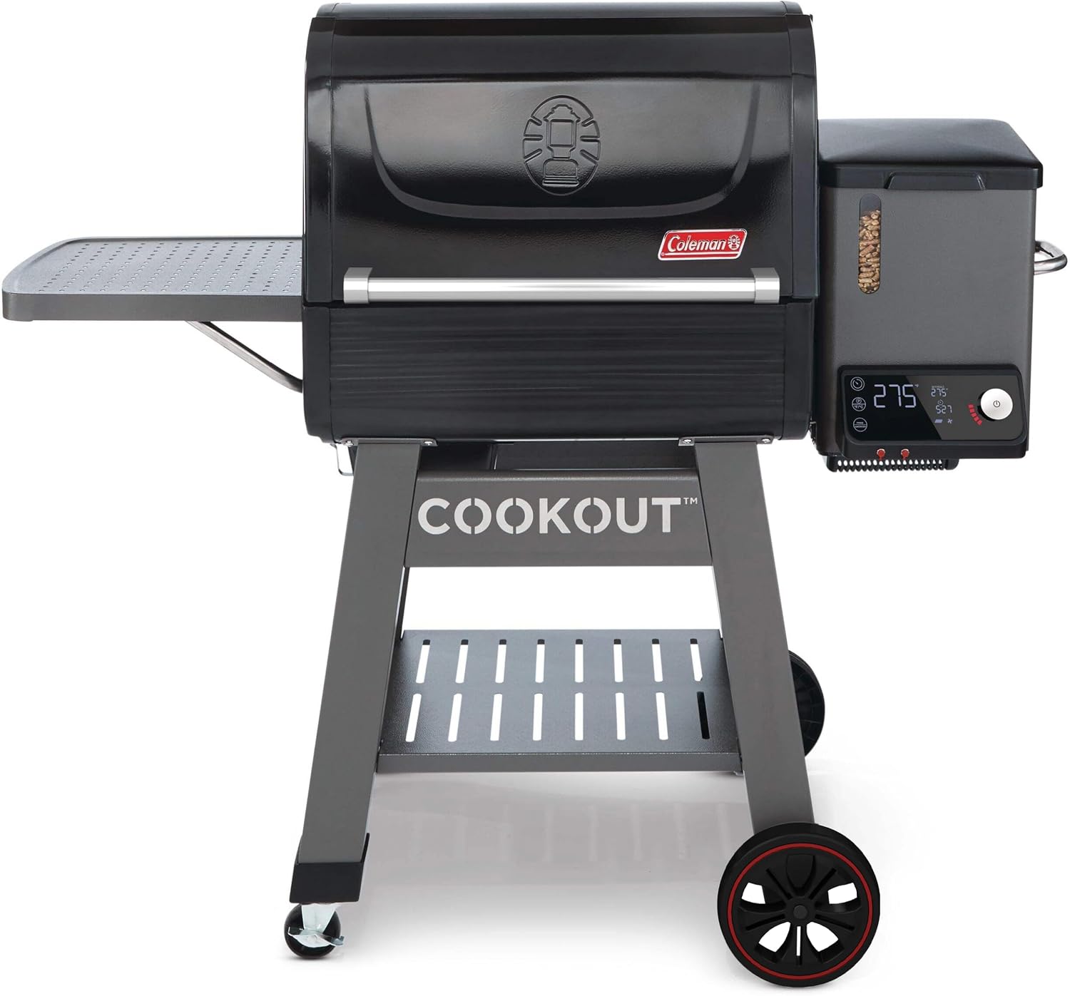 Coleman Cookout 1000 Pellet Grill with 1035-Sq. In. Total Cooking Surface, LED Digital Controller, Timer, 2 Meat Probes, and Side Shelf, Pellet Smoker Grill with Fully Insulated Lid in Black/Gray