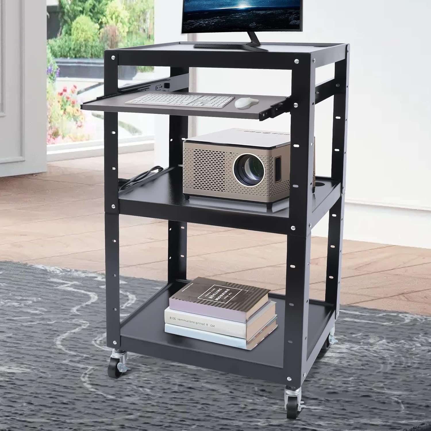 Large AV Cart, 24 * 18 * 42In 66Lbs Load Cold Rolled Steel AV Carts Rectangular AV Car Large Capacity Audio Visual Carts w/3 Shelves&2 Keyboard Lay Brackets for Classrooms Offices Computer Rooms