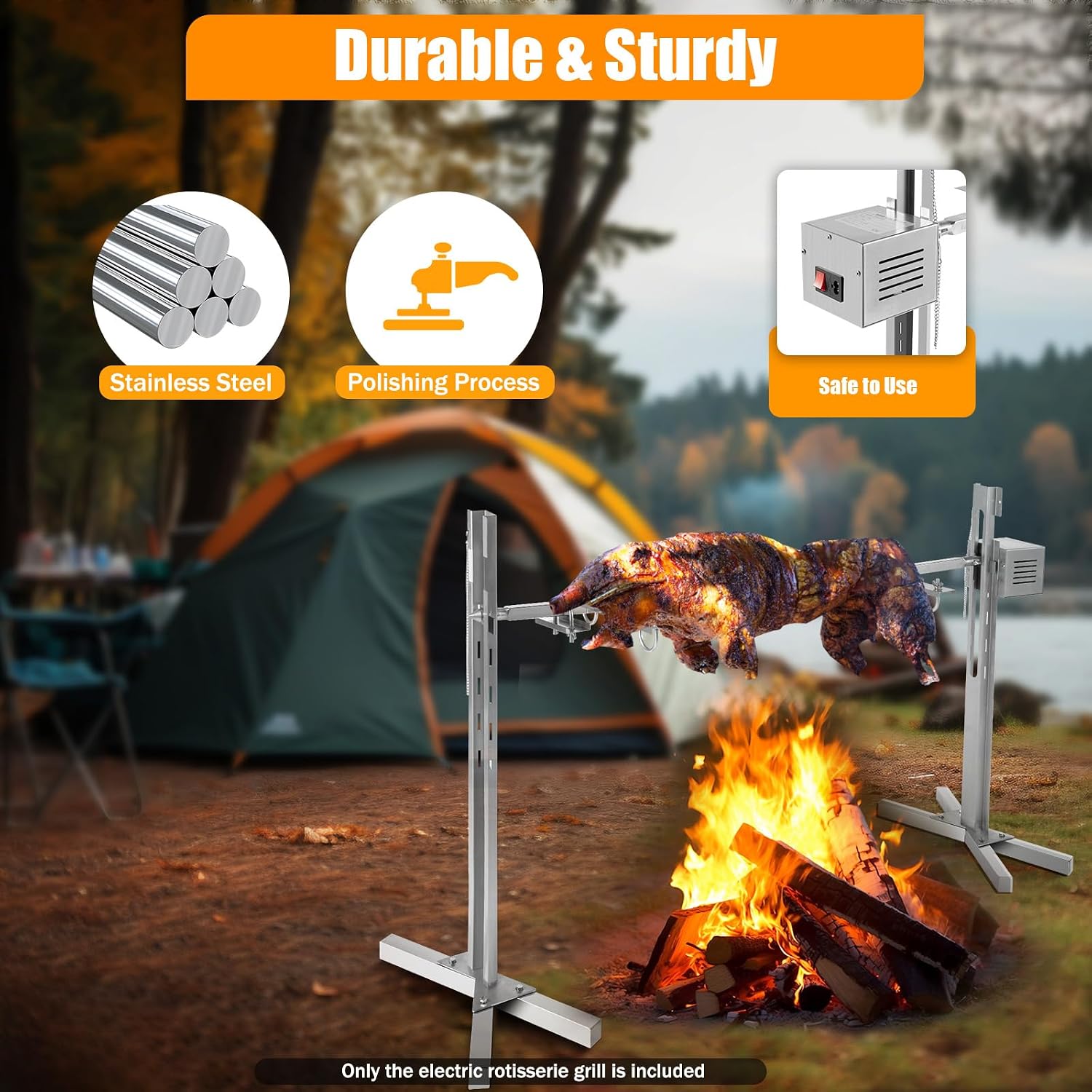 53' Electric BBQ Rotisserie Grill Kit, Rotisserie Kit for Grill with Automatic Rotisserie Motor, Pig Spit Rotisserie Grill, Height Adjustable Stainless Steel Roaster Stand for Roasting Pig Lamb