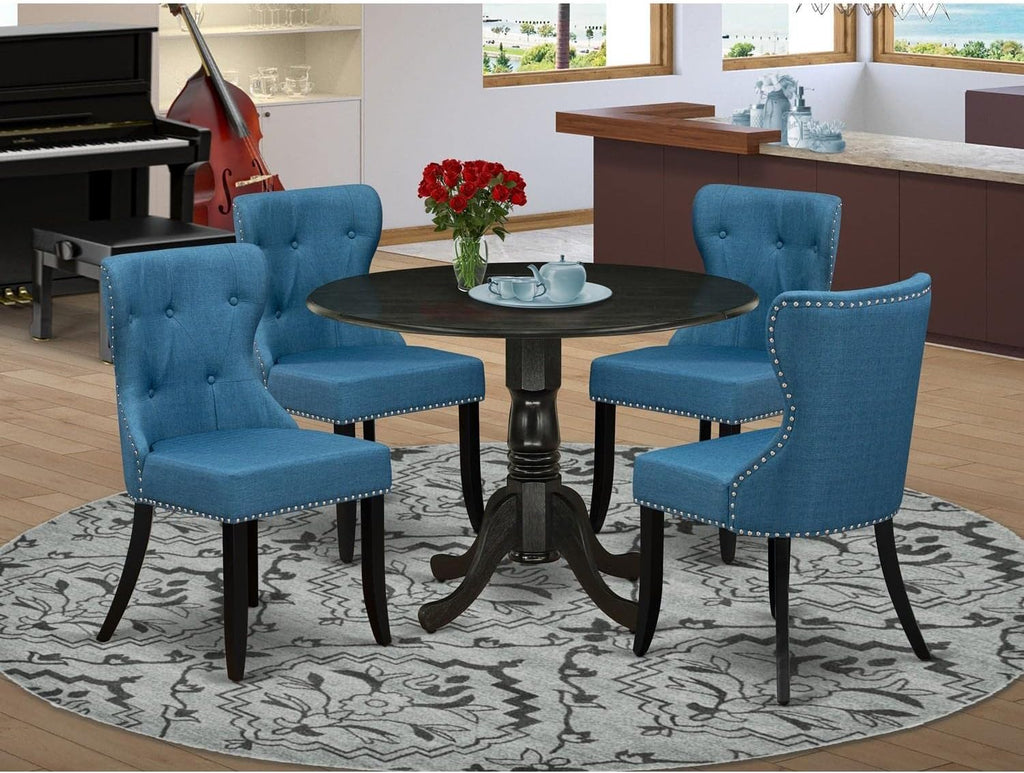 East West Furniture DLSI5-ABK-21 5 Piece Kitchen Table & Chairs Set Includes a Round Dining Room Table with Dropleaf and 4 Blue Linen Fabric Upholstered Chairs, 42x42 Inch, Wirebrushed Black