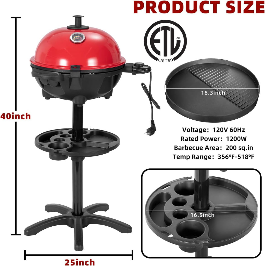 QPMR Electric Grill Outdoor/Indoor,Portable BBQ Grill with Nonstick Surface,200 Square Inches Indoor Electric Barburcue Grill with Adjustable Heat,Stand/Tabletop,for Patio/Yard/Home(Red)