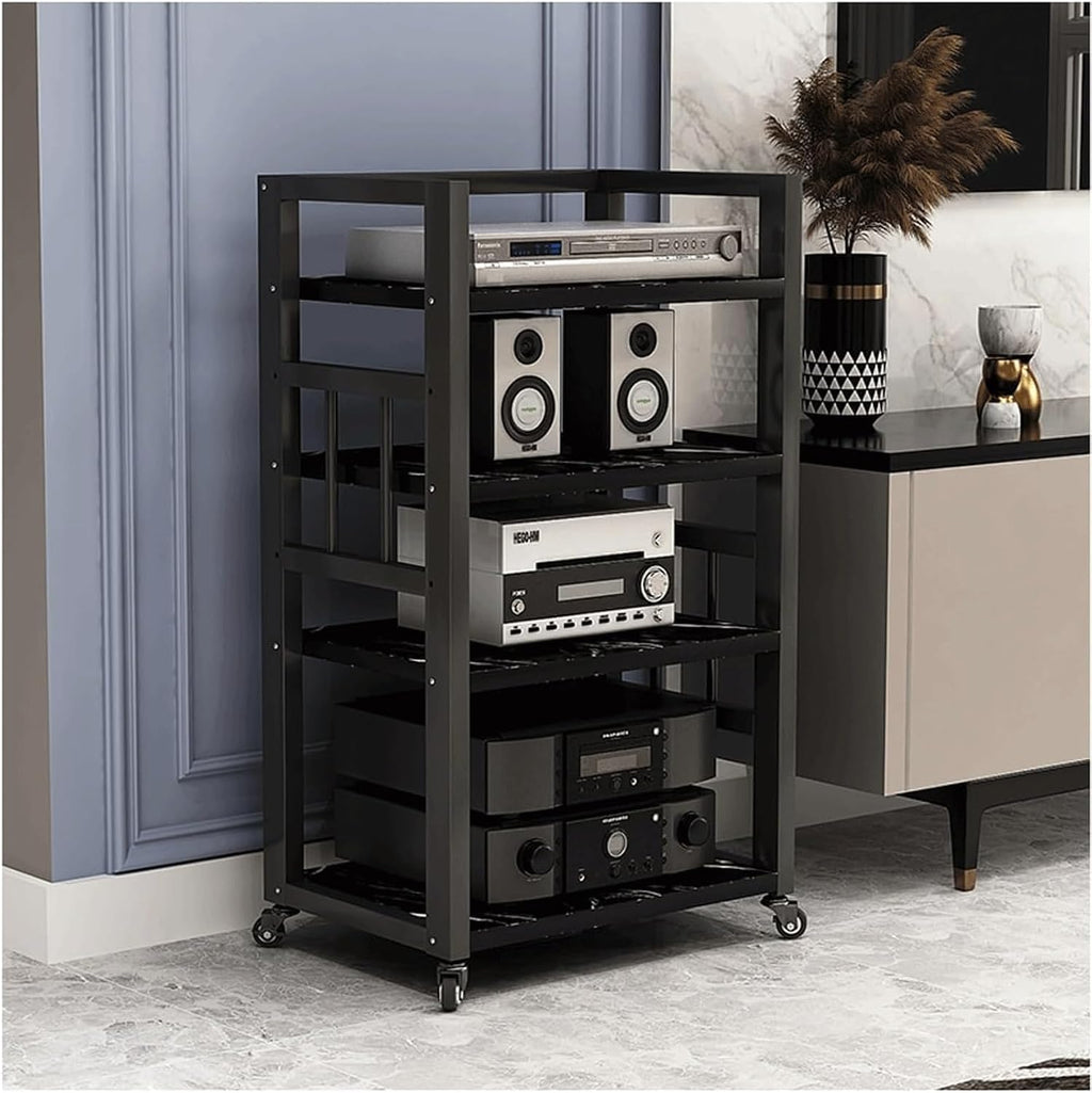 Audio Rack 4 Tier Stereo Rack Audio Equipment Rack Wooden Audio Rack Cabinet Open HiFi Rack with Wheels Audio Component Rack Durable(Nero)