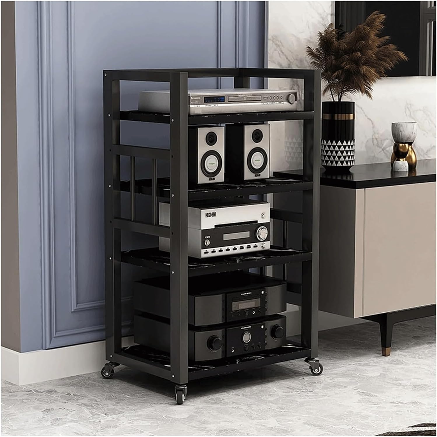 Audio Rack 4 Tier Stereo Rack Audio Equipment Rack Wooden Audio Rack Cabinet Open HiFi Rack with Wheels Audio Component Rack Durable(Nero)