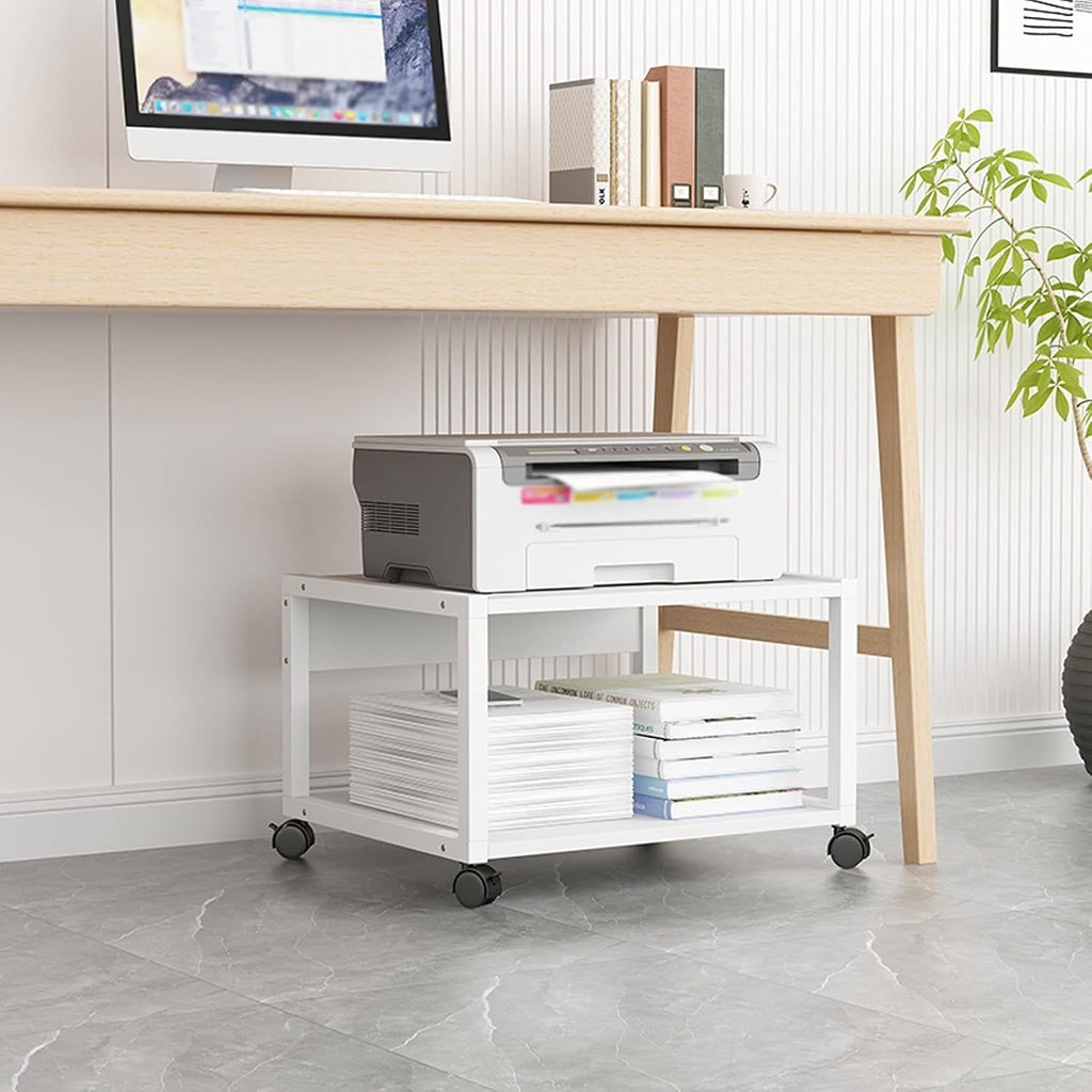 Office 2 Tiers Rolling Printer Stand Under Desk Office Movable with 4 Wheels & Lock Mechanism for Mini 3D, White Printer Table