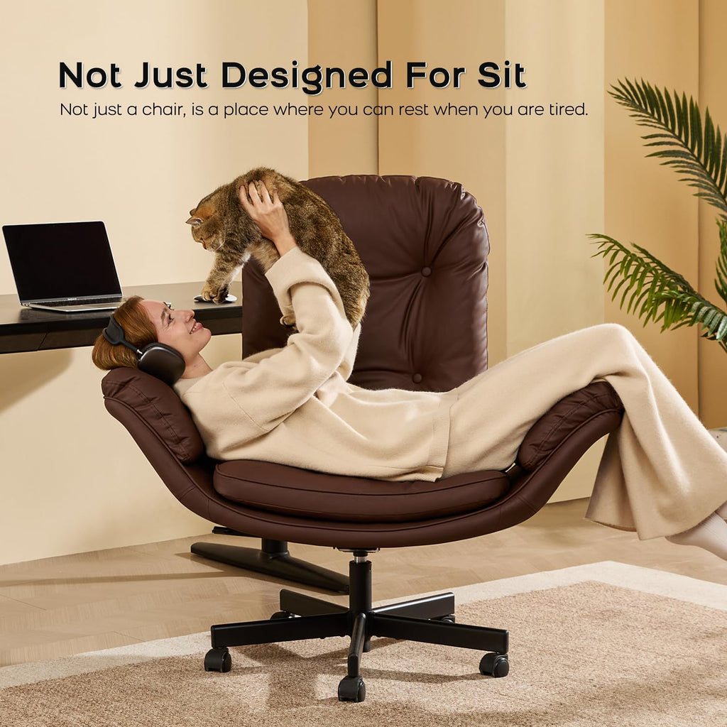 amseatec Criss Cross Chair with Armrests & Wheels for Cross-Legged Sitting, Comfortable Adjustable Swivel Office Desk Chair –PU Leather Vanity Chair for Home, Makeup and Bedroom (Brown)