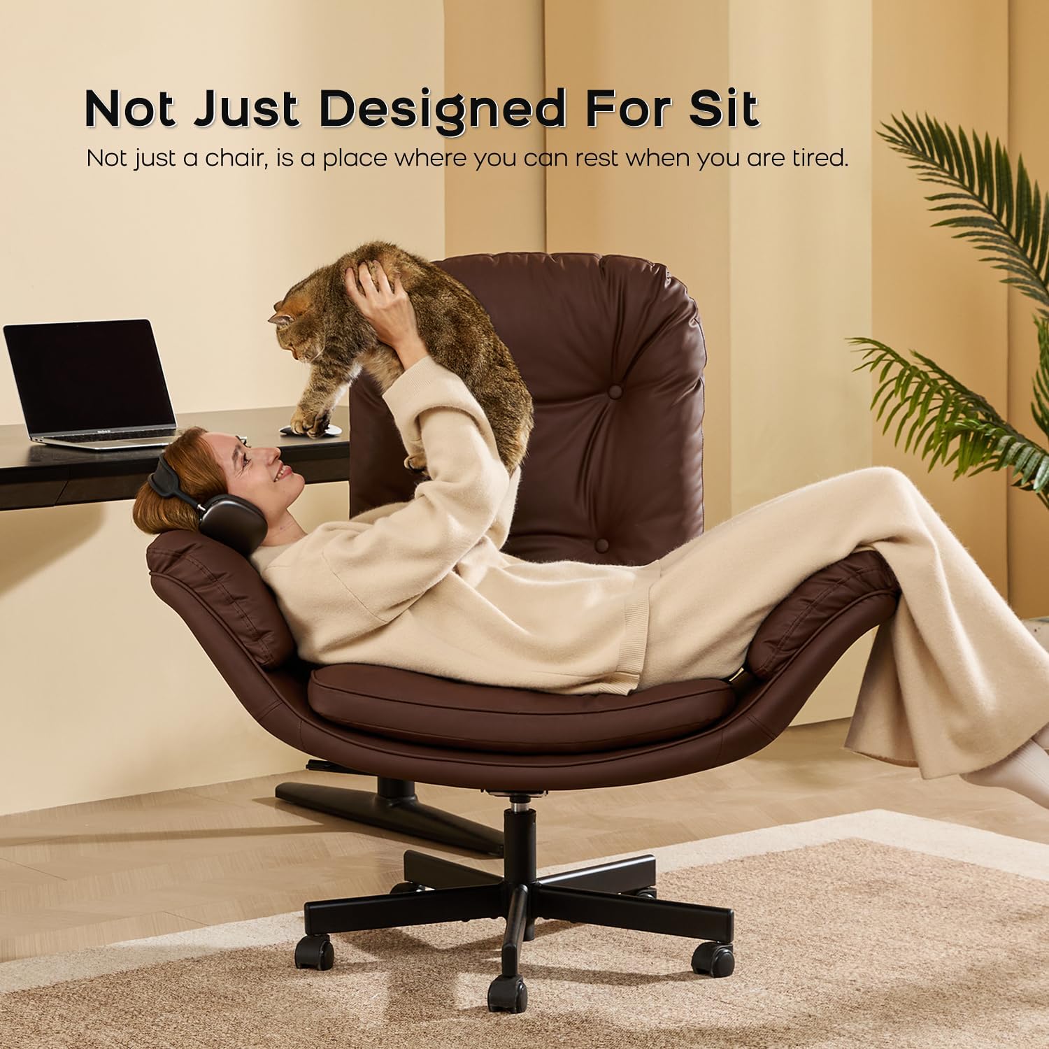 amseatec Criss Cross Chair with Armrests & Wheels for Cross-Legged Sitting, Comfortable Adjustable Swivel Office Desk Chair –PU Leather Vanity Chair for Home, Makeup and Bedroom (Brown)