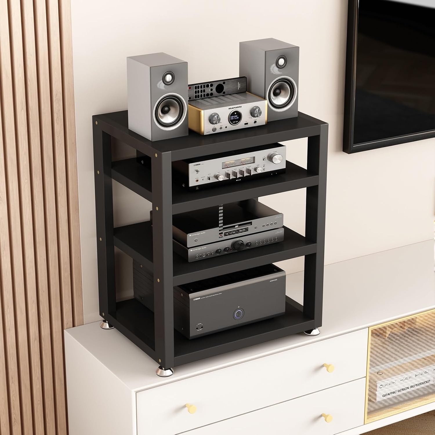 Audio Rack AV Media Stand Wooden Record Player Stand Equipment Console Shelf, for Entertainment Stereo Racks Component Storage and Collection Display(Black,48cm/18.9in)