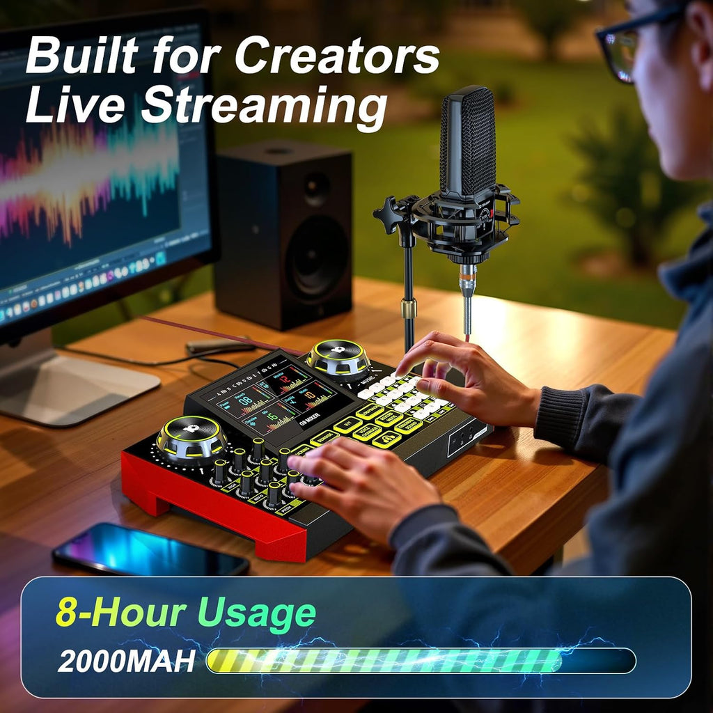 Podcast Microphone Bundle with Live Sound Card Audio Mixer, Podcast Equipment Bundle with 3.5mm Condenser Microphone for Pc/Phone Live Streaming Singing Gaming, Sound Board with Voice Changer, Denoise