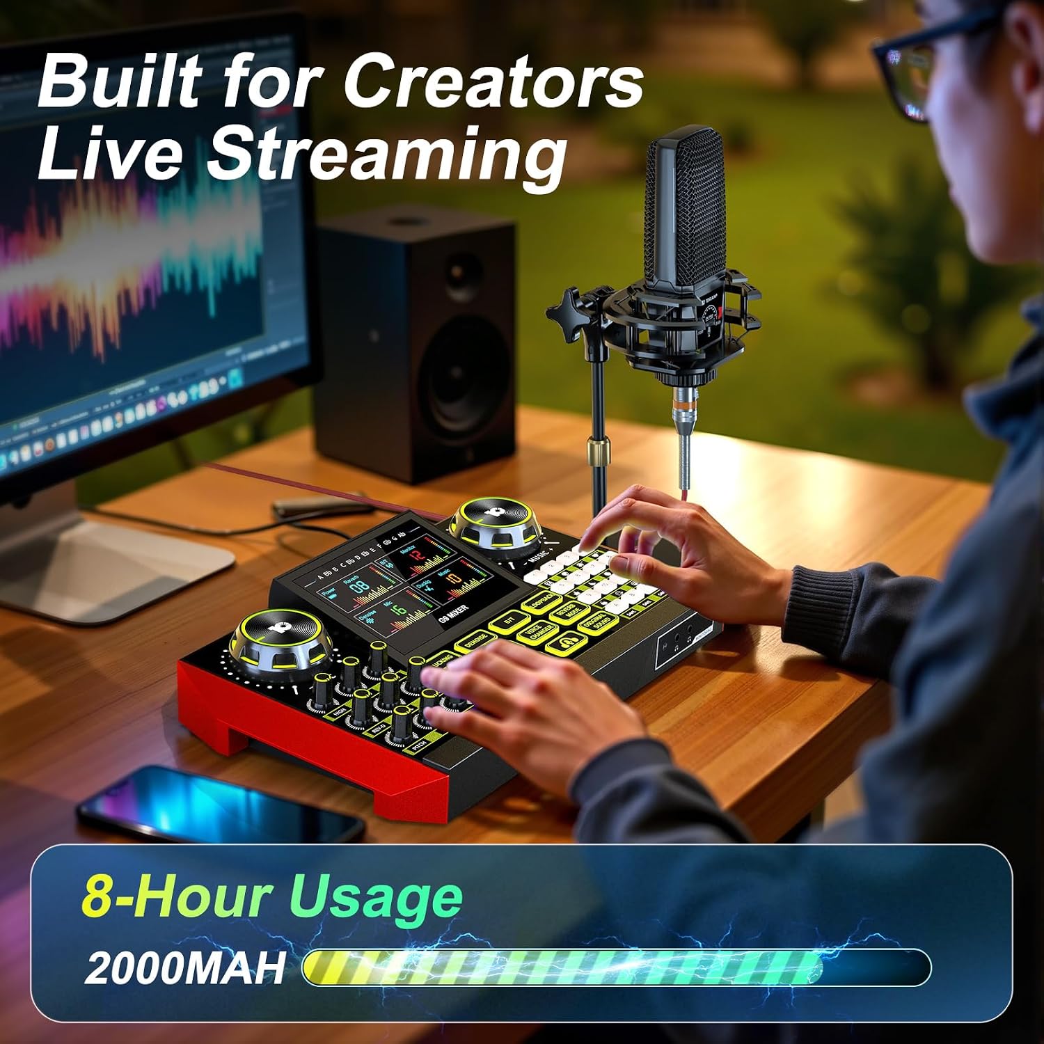 Podcast Microphone Bundle with Live Sound Card Audio Mixer, Podcast Equipment Bundle with 3.5mm Condenser Microphone for Pc/Phone Live Streaming Singing Gaming, Sound Board with Voice Changer, Denoise