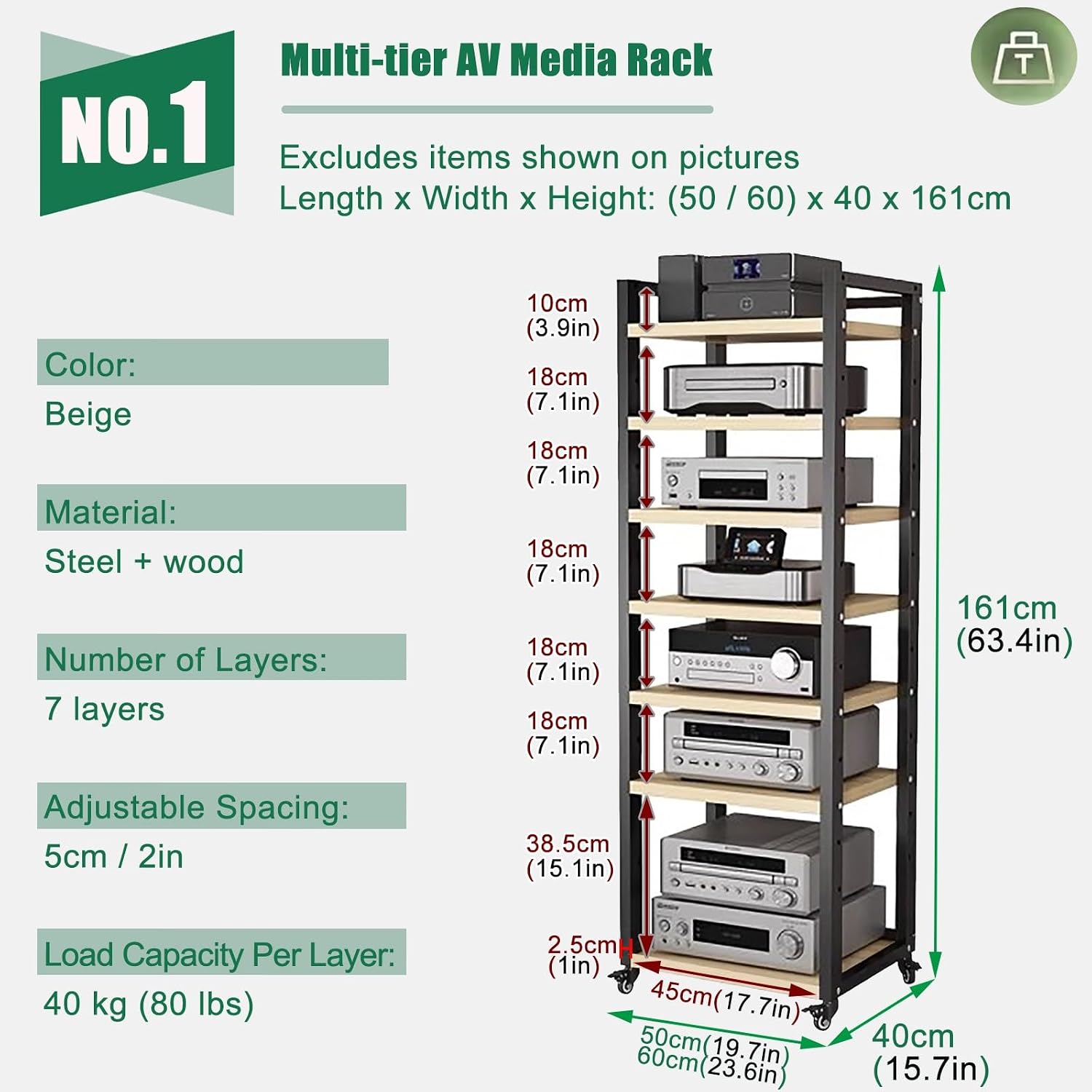Movable Stereo Components Cabinet Rack with Adjustable Shelf - Av Media Shelf for Dvd Players/ Cd Changer/ TV Accessories/ Game Console - Audio Equipment Rolling Carts on Wheels(Beige,7 tier-60cm wide