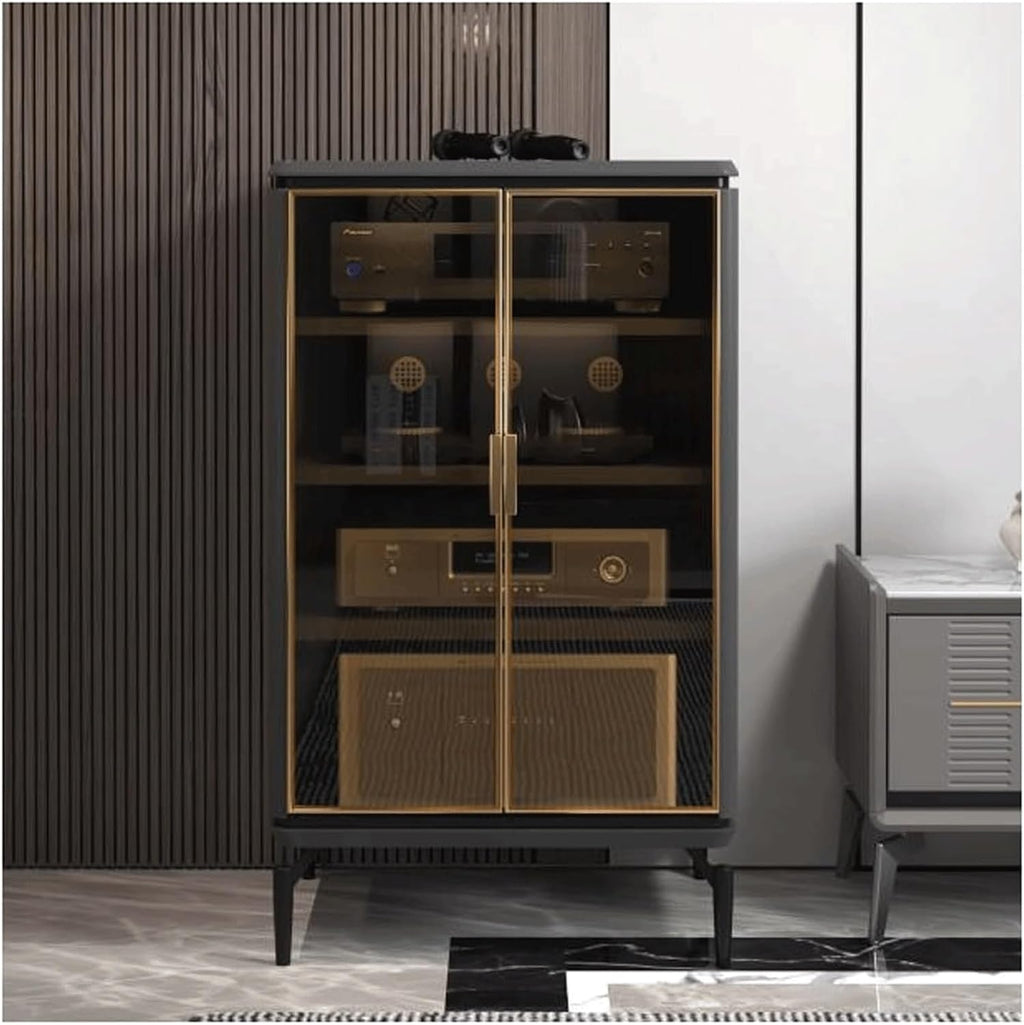 Audio Rack 4 Tier Stereo Rack Audio Equipment Rack Metal Audio Rack Cabinet AV Cabinet Durable with Tempered Glass Doors Strong(Grey,60x55x95cm)