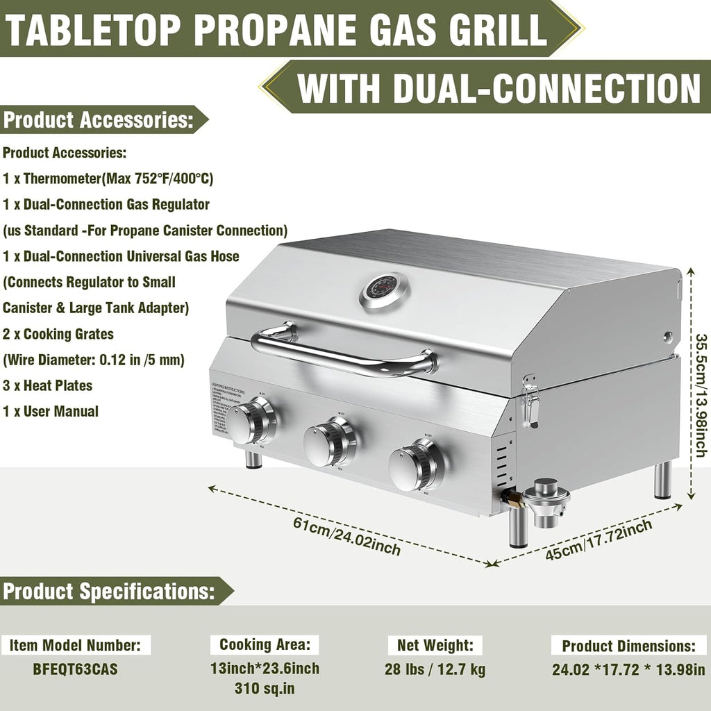 Bestfire 3-Burner Tabletop Propane Gas Grill with Dual Connections, 30,000 BTU Portable Propane Grill Fits Large Cylinders & Small Canisters, Stainless Steel Knobs, Compact Design for Camping, RV, BBQ