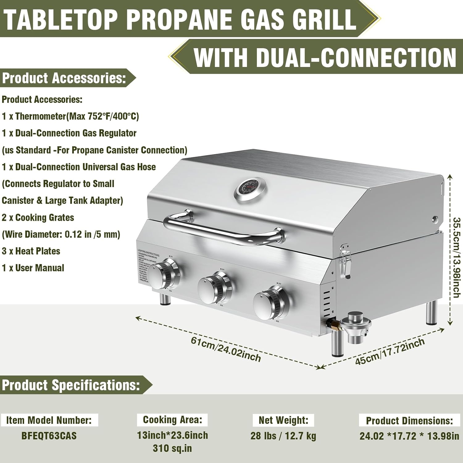 Bestfire 3-Burner Tabletop Propane Gas Grill with Dual Connections, 30,000 BTU Portable Propane Grill Fits Large Cylinders & Small Canisters, Stainless Steel Knobs, Compact Design for Camping, RV, BBQ