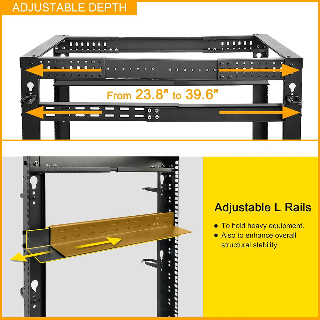 RIVECO 12U 19' Adjustable Depth Server Rack Support Up to 1700LBS Floor Standing 4 Post Rack with L Rails & Load-Bearing Casters Universal for Network Equipment Black