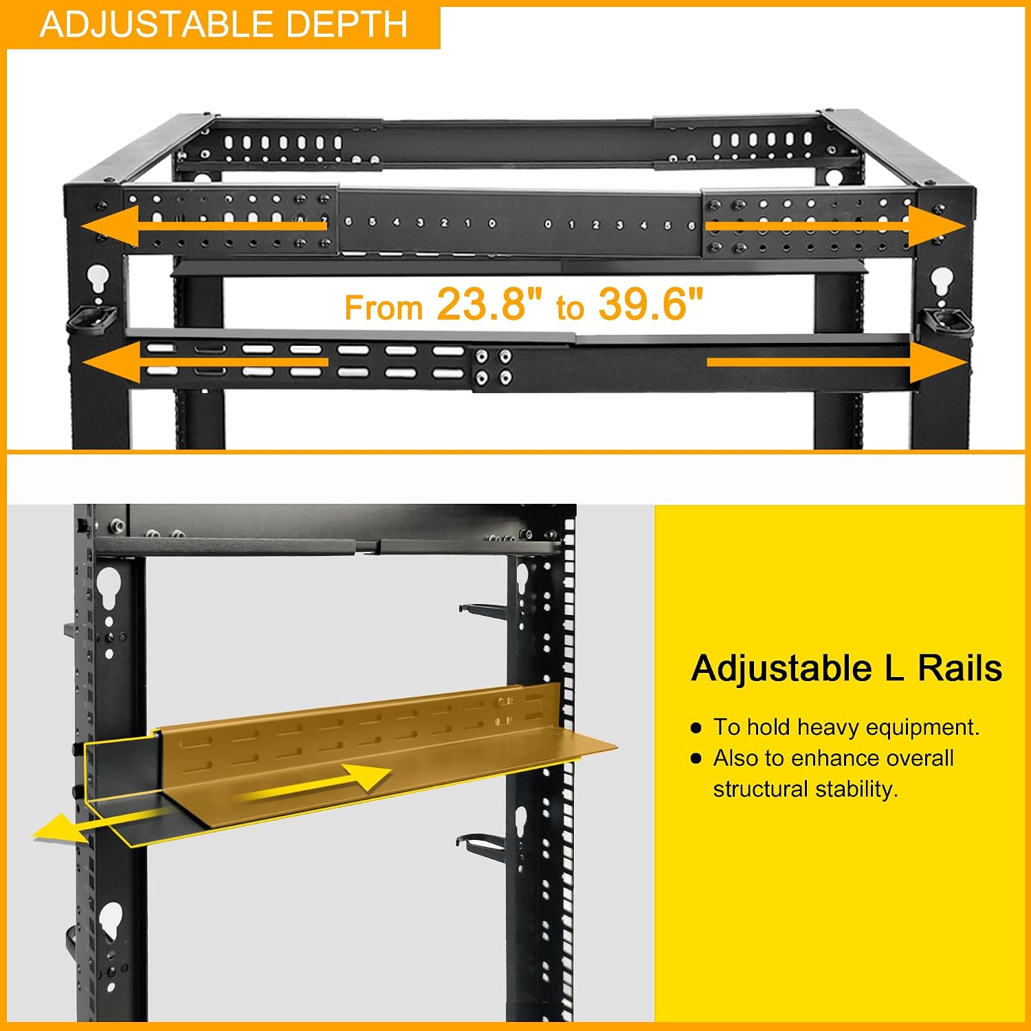 RIVECO 15U 19' Adjustable Depth Server Rack Support Up to 1700LBS Floor Standing 4 Post Rack with L Rails & Load-Bearing Casters Universal for Network Equipment Black