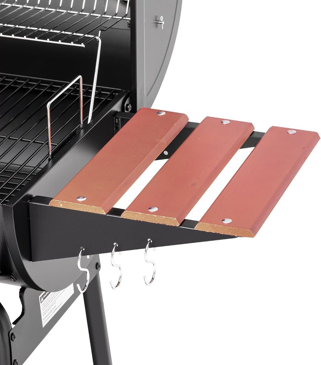 Royal Gourmet CC1830V 30 Barrel Charcoal Grill with Wood-Painted Side Front Table, 627 Square Inches Cooking Space, for Outdoor Backyard, Patio and Parties, Black