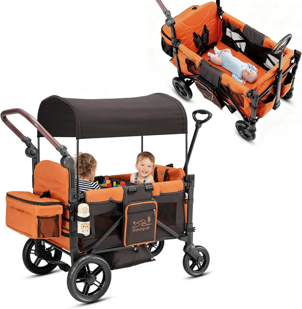 Rovique Wagon Stroller for 2 Kids, Convertible Baby Wagon with Bassinet Mode, Removable Canopy, Snack Tray, 5-Point Harness, All-Terrain PU Wheels, Adjustable Push Pull Handle (Orange)