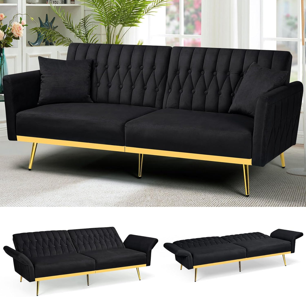 70' Velvet Futon Sofa Bed with 2 Pillows and Adjustable Armrests, Convertible Sleeper Bed W/Adjustable Backrests, Modern Loveseat for Living Room, Bedroom, Black