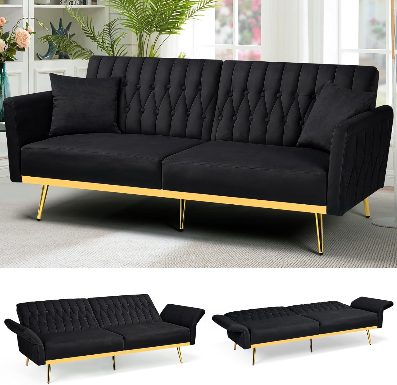 70' Velvet Futon Sofa Bed with 2 Pillows and Adjustable Armrests, Convertible Sleeper Bed W/Adjustable Backrests, Modern Loveseat for Living Room, Bedroom, Black
