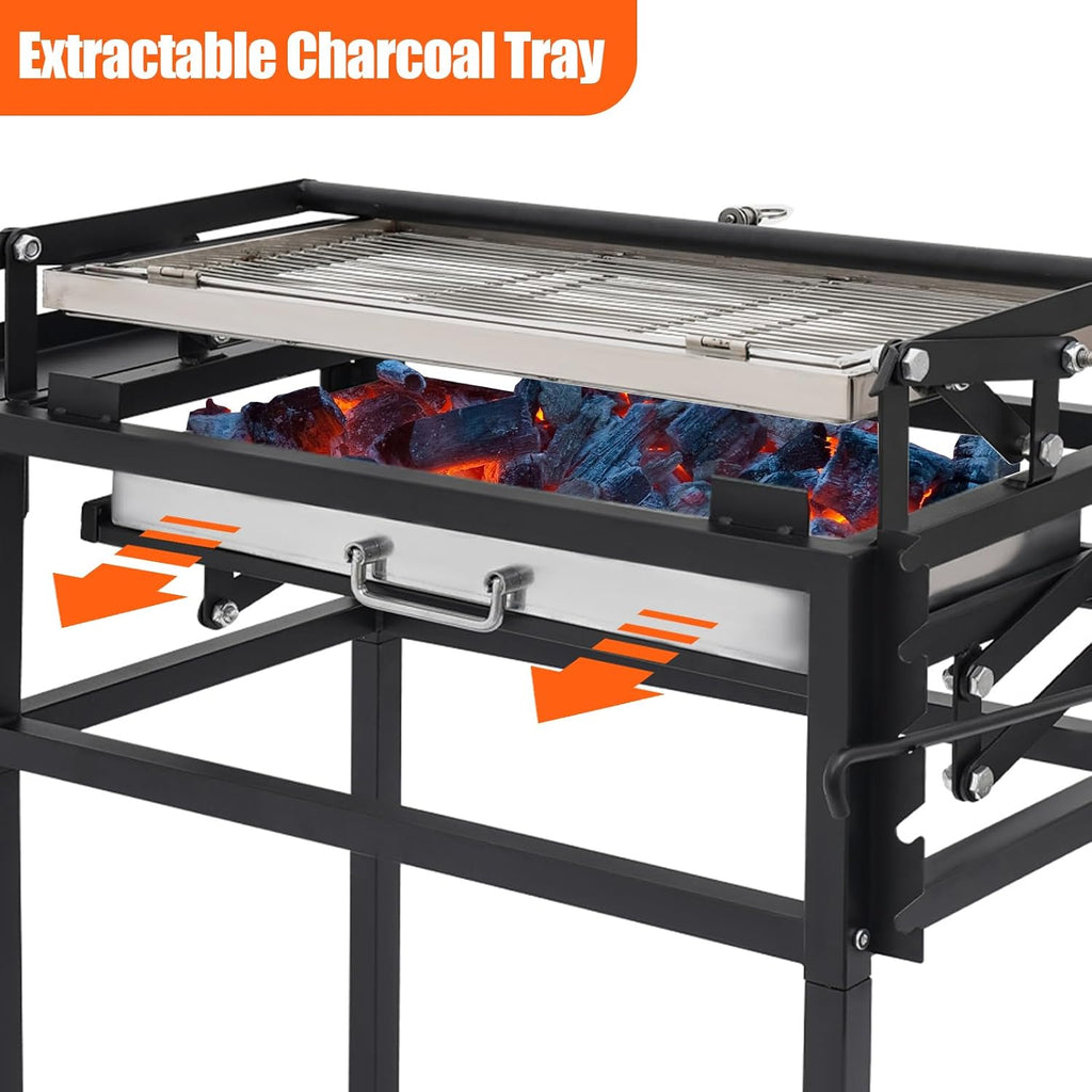 360° Rotating Charcoal Grill with Cart & Wheels, Charcoal Flip Grill for BBQ, Heavy Duty Square Outdoor Detachable Portable Grill for Camping, Picnic, Patio & Backyard Parties