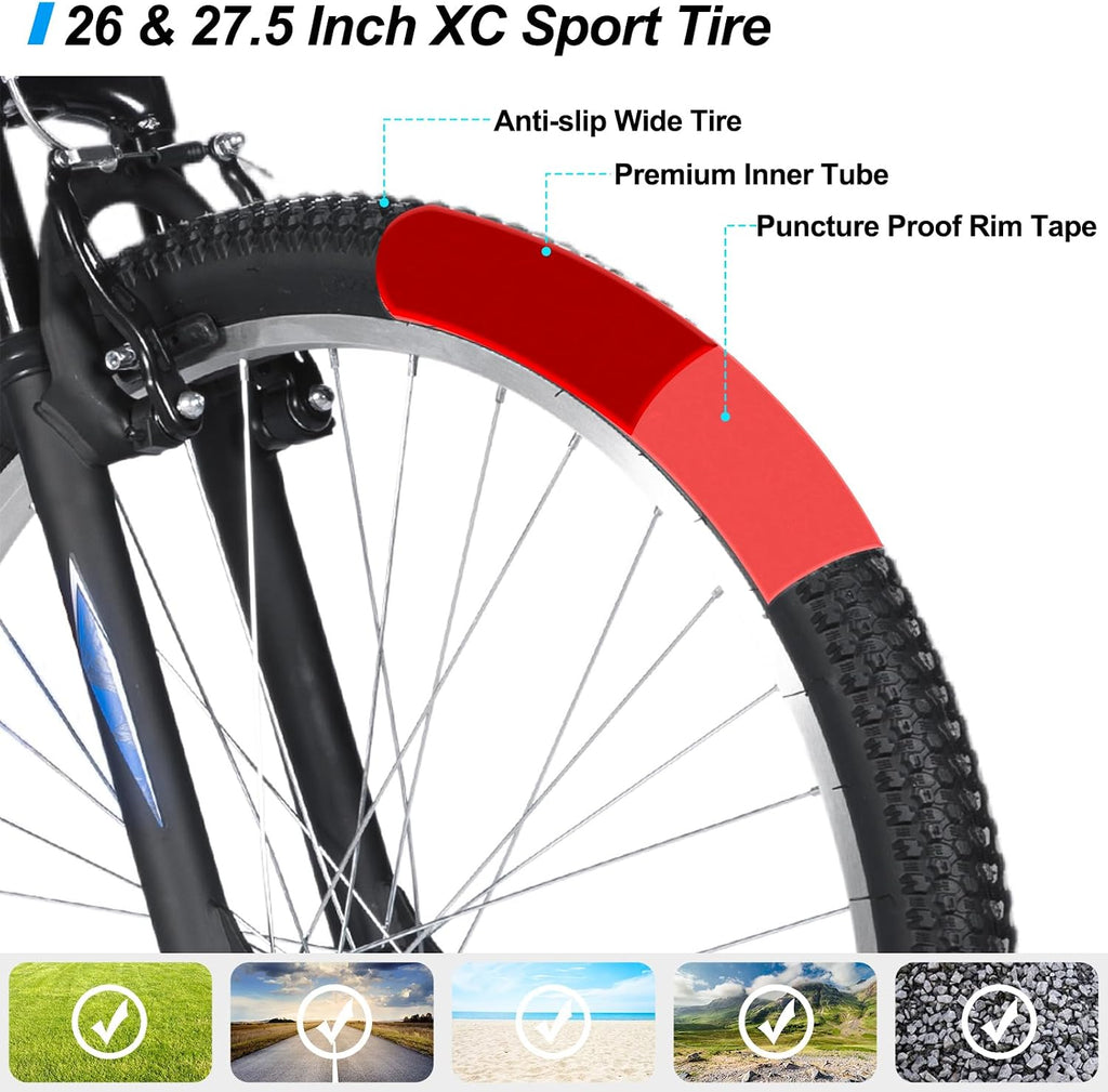 HILAND 26 27 Inch Mountain Bike, Mens Womens MTB with 18 Speeds, High-Tensile Steel Frame, V Brake, Hardtail Bicycle for Adults