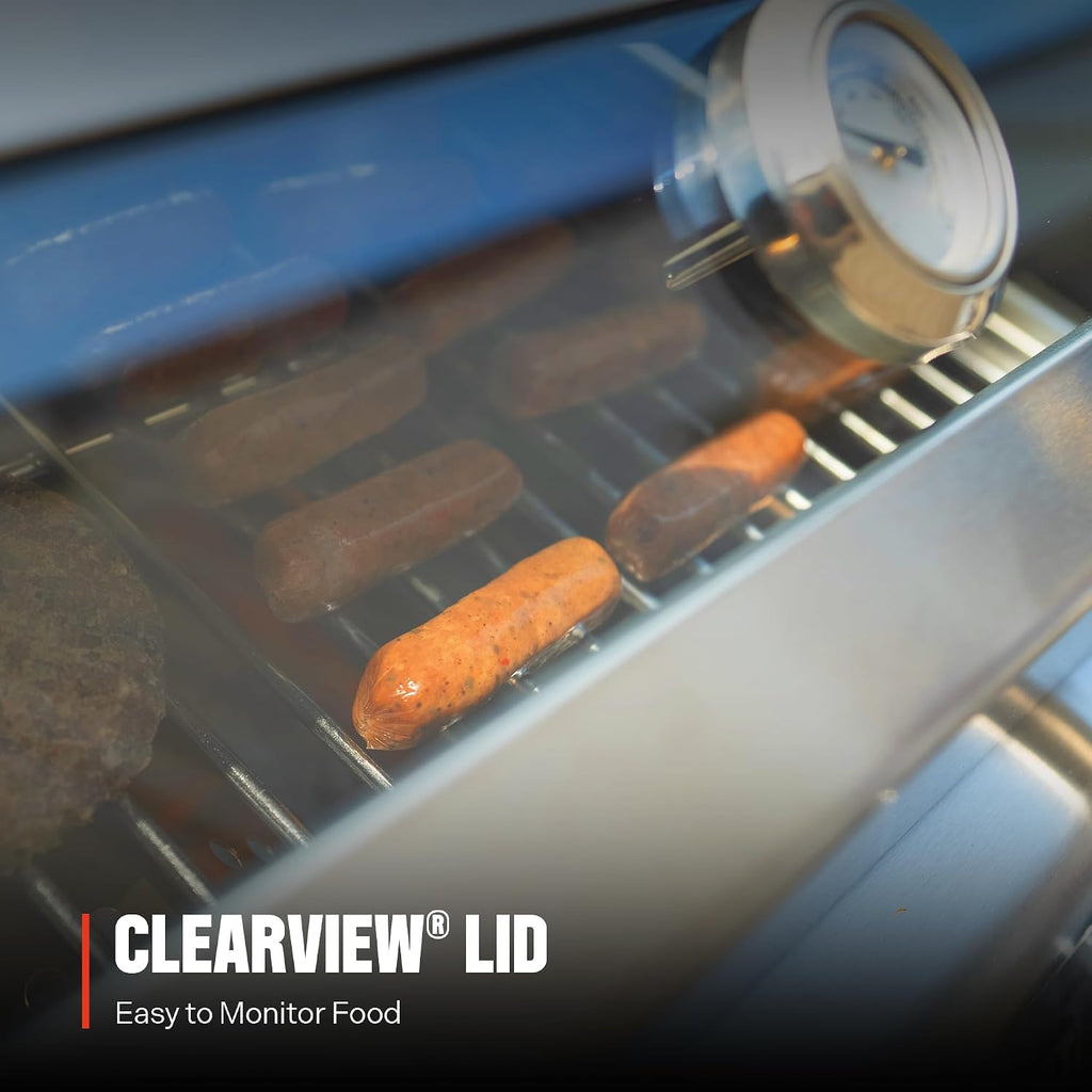 Portable Propane Gas Grill 2-Burner Tabletop Clearview® Monument Grills for Outdoor Camping Cooking, Two 15,000 BTU Burners, Stainless Steel, and Built-in Thermometer