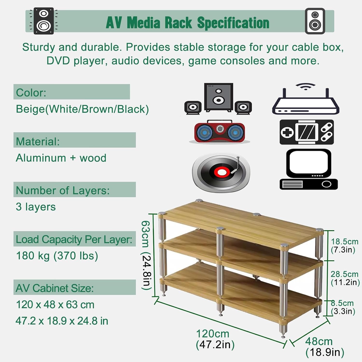 Home Theater AV Display Rack Heavy Duty, Audio Component Cabinet/Media Stereo Stand Equipment Shelf, 2 3 4 Tier Wooden Audio Equipment Organizer Shelf(Beige,120x48x63cm)