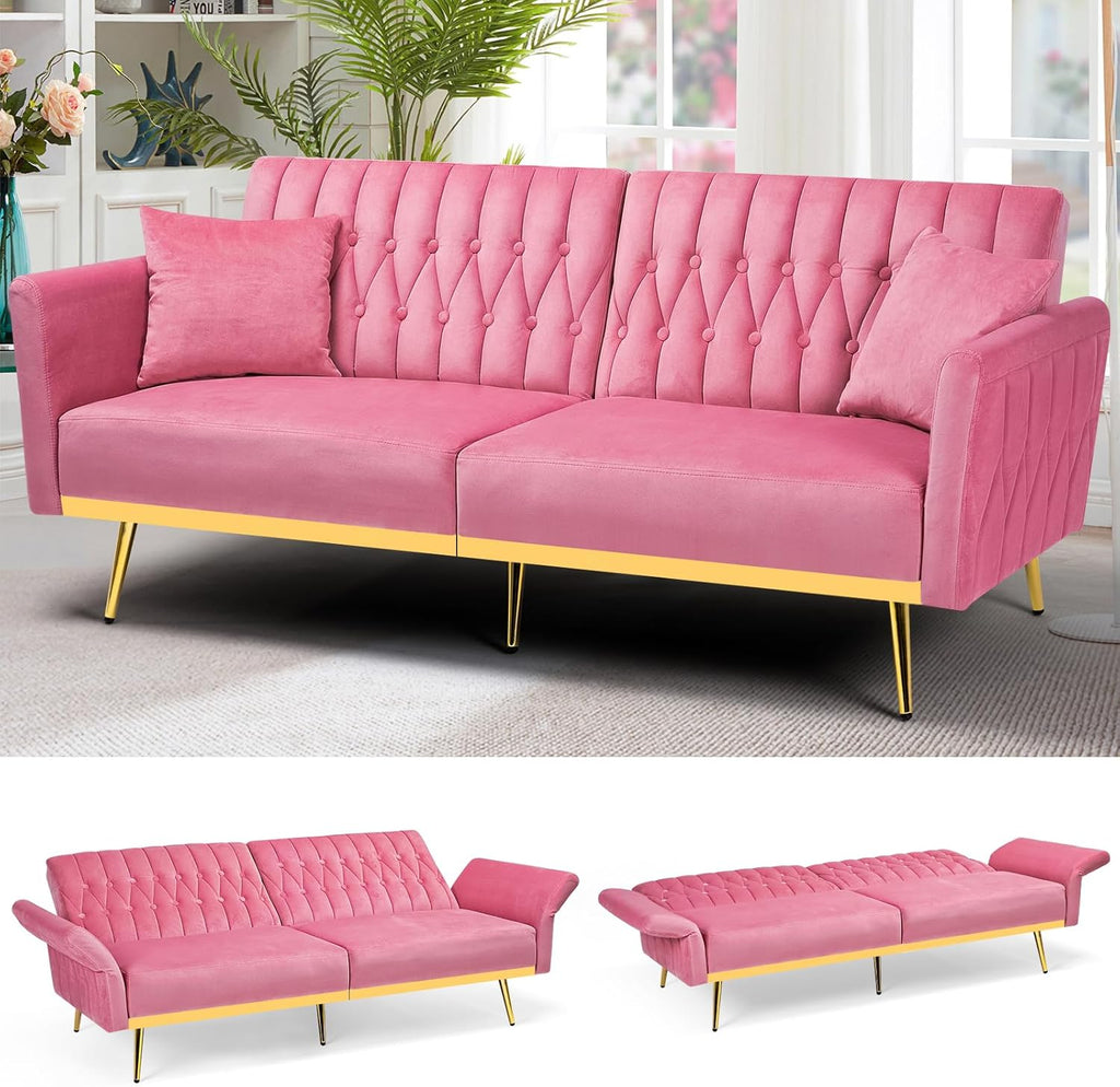 70' Velvet Futon Sofa Bed with 2 Pillows and Adjustable Armrests, Convertible Sleeper Bed, Modern Loveseat for Living Room, Bedroom, Pink