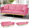 70' Velvet Futon Sofa Bed with 2 Pillows and Adjustable Armrests, Convertible Sleeper Bed, Modern Loveseat for Living Room, Bedroom, Pink
