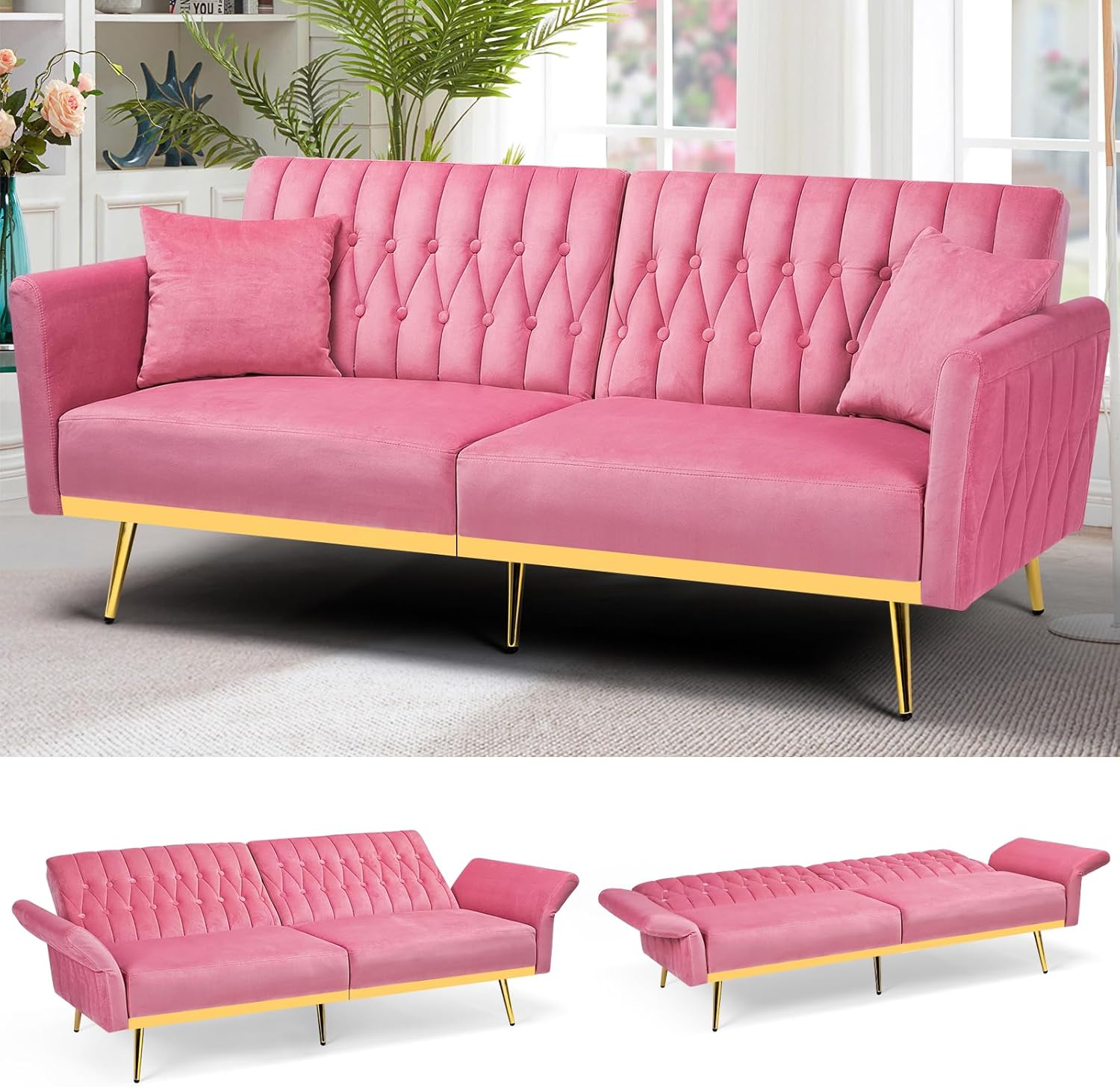 70' Velvet Futon Sofa Bed with 2 Pillows and Adjustable Armrests, Convertible Sleeper Bed, Modern Loveseat for Living Room, Bedroom, Pink