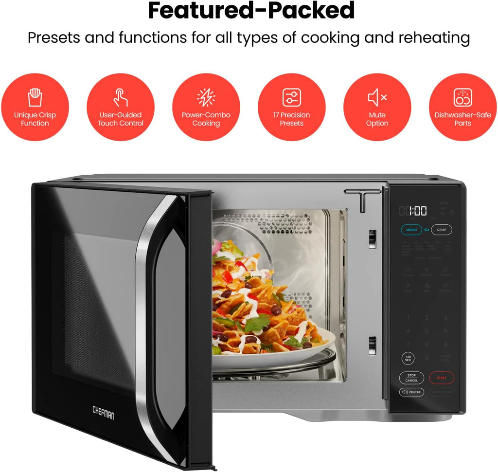 Chefman MicroCrisp Countertop Digital Microwave Oven, Unique 'Cook & Crisp' Power Combo, 1.0 Cu Ft, Dual-Cook 1000W Microwave + 1500W Crisper, 6 Touch Presets, Digital Display, Stainless Steel Handle