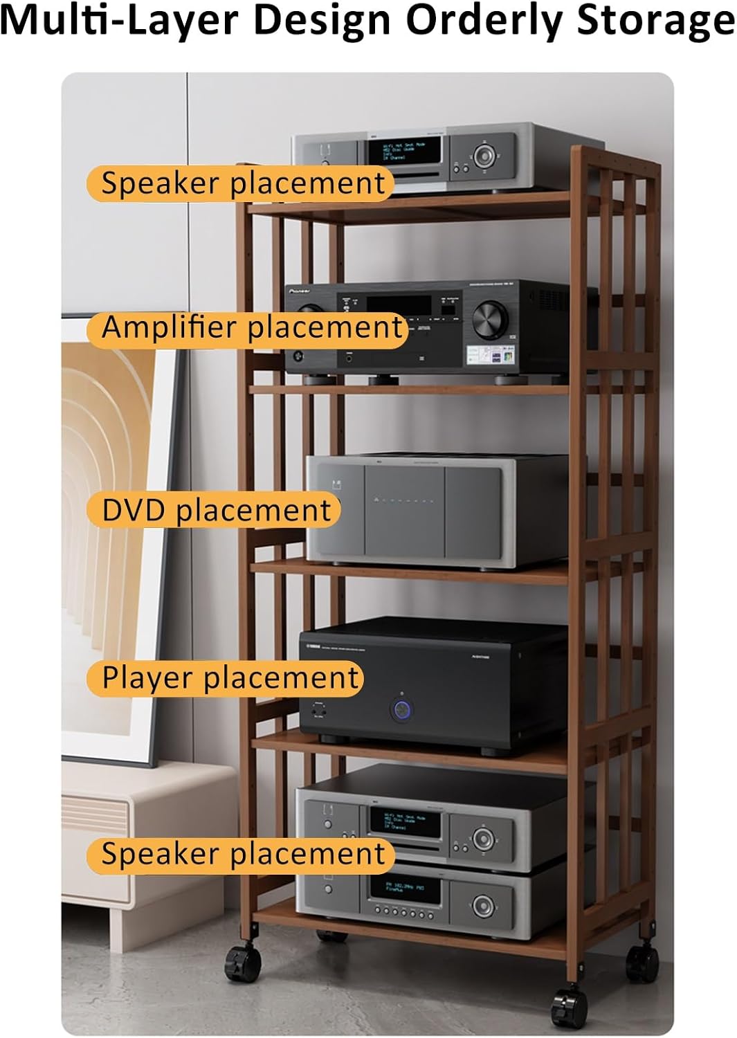 Adjustable Height Side Table Turntable Shelf TV Rack HiFi Audio Cabinet Multifunctional Storage Rolling Trolley Wood for Office and Study (50 x 38 x 53 cm)